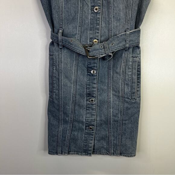 MICHAEL Michael Kors Frayed Neck Belted Seamed Denim dress sky haze wash - 8P - Picture 7 of 11